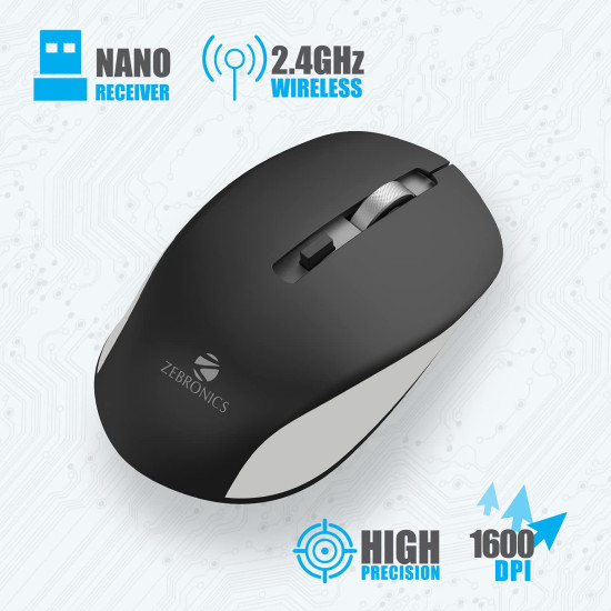 Wireless Mouse-ZEBRONICS "ZEB-JAGUAR" True Wireless Mouse, 2.4GHz with USB Nano Receiver, Having High Precision Optical Tracking, 4 Buttons, Plug & Play, Ambidextrous, for PC/Mac/Laptop  - Color  (Black+Grey)