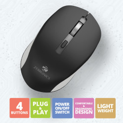 Wireless Mouse-ZEBRONICS "ZEB-JAGUAR" True Wireless Mouse, 2.4GHz with USB Nano Receiver, Having High Precision Optical Tracking, 4 Buttons, Plug & Play, Ambidextrous, for PC/Mac/Laptop  - Color  (Black+Grey)