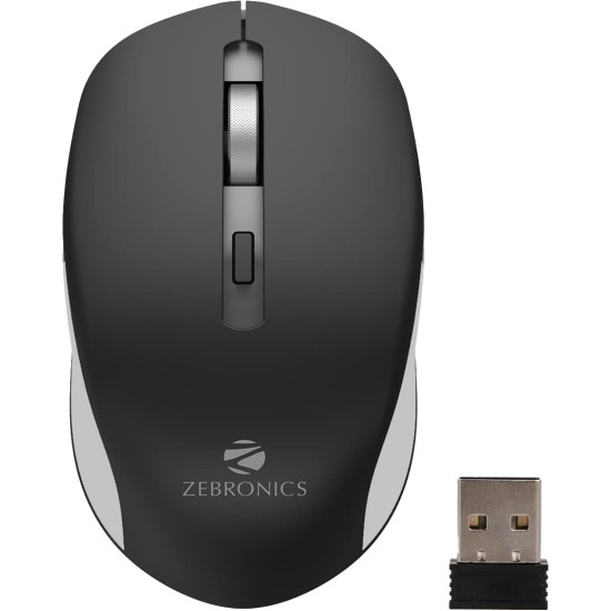 Wireless Mouse-ZEBRONICS "ZEB-JAGUAR" True Wireless Mouse, 2.4GHz with USB Nano Receiver, Having High Precision Optical Tracking, 4 Buttons, Plug & Play, Ambidextrous, for PC/Mac/Laptop  - Color  (Black+Grey)